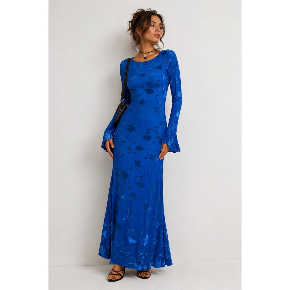 ZESICA Blue Burnout Velvet Floral Maxi Dress Long Sleeve Bell Cuff Medium Y2K